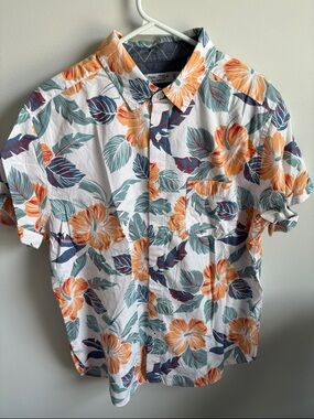 Nautica White Short-Sleeve Button-Up with Orange Floral & Teal Leaves